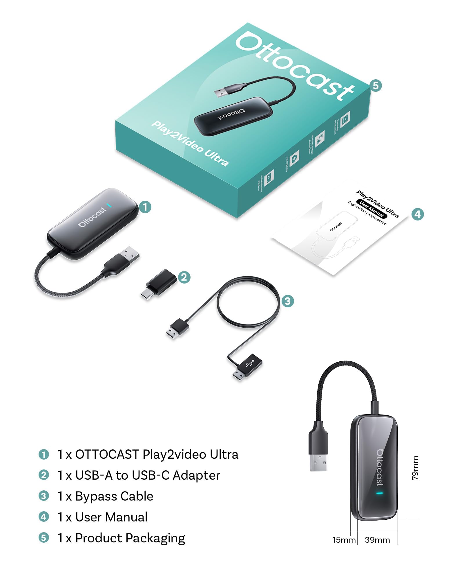 OTTOCAST Play2Video Ultra Wireless CarPlay Android Auto Adapter